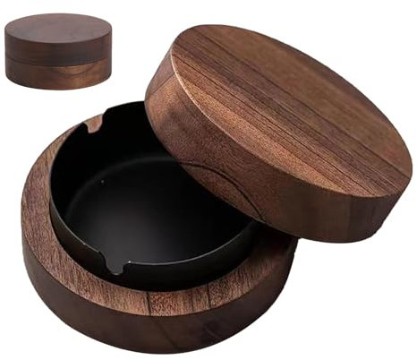 Aschenbecher mit Deckel, Hölzern Windaschenbecher, Black Aschenbecher für Draussen Holz, Aschenbecher Hölzern mit Decke, Aschenbecher Mit Deckel Und Edelstahleinsatz, für Party, Büro, Schwarz