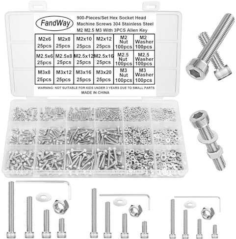 FandWay 900-teiliges Set mit Schrauben und Muttern, M2, M2,5, M3, Innensechskantschrauben, DIN912 Inbusschrauben, 304 Edelstahl, Sechskantschrauben und Unterlegscheiben, Vollgewinde mit 3