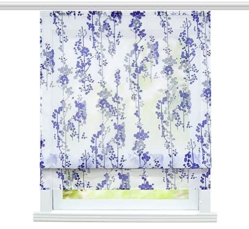 Modernes Bändchen-Raffrollo mit Band Blau Baum Muster 60 x 140 cm Wohnzimmer Voile Vorhang