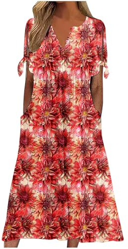 Dresses for Women UK, Holiday Essentials Ladies Summer Boho Dresses Short Sleeve Casual Beach Midi Sundress V Neck Hollow Out Eyelet Ruffle Swing A Line Flowy Vacation Dress