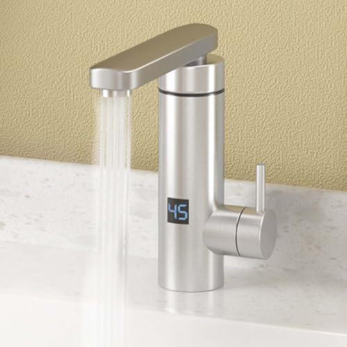 UUE Wasserhahn Küche, Küchenarmatur, 3000W Mischbatterie Küche, LED Elektrischer Wasserhahn Edelstahl, 360° Swivel Warmwasserboiler Küchenarmatur, Durchlauferhitzer, Spültischarmatur