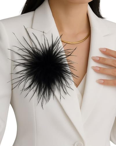 Baesics Feder Brosche Schwarz - Damen Fluffy Straußenfeder Anstecker Vintage Stil Hutaccessoire Braut Hochzeit Party Fasching Haarclip Fascinator für Blazer Kleid Jacke – Boho Blumen Design