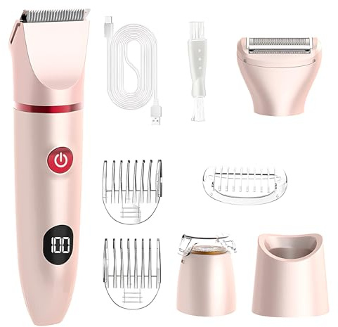 Damenrasierer Für Damen, 3-in-1 Bikini Trimmer Für Frauen, IPX6 Wasserdichter, LCD-Display, Elektrischer Rasierer Für Körper Bein Arme Achseln, Pink