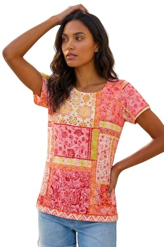 Roman Originals Contrast Print Stretch Top for Women UK - Ladies Everyday Holiday Spring Summer Round Neckline Comfy Soft Evening Vacation Work Party - Pink - Size 16