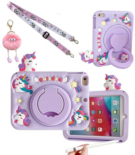Lubiogio 3D Cute Unicorn Case for Samsung Galaxy Tab A 10.1 inch 2019 SM-T510/T515,Kawaii Cartoon Animal Soft Silicone Rotating Stand Case with Lanyard for Kids Teens Girls Women-Purple