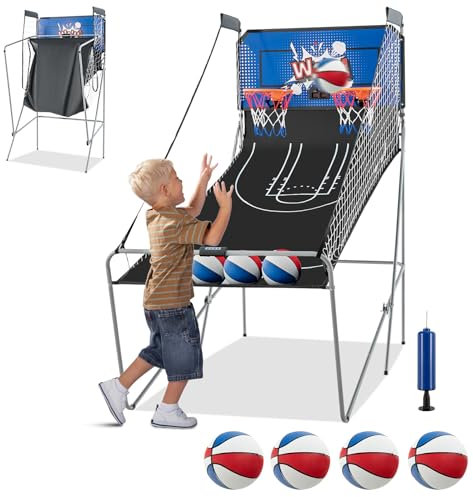 GYMAX Automat Basketballkorb, faltbar Elektronische Basketballspiel mit 8 Spieleinstellungen & elektronischer Anzeigetafel, Schießmaschine inkl. 4 Bällen & 2 Fangkörben (Blau)