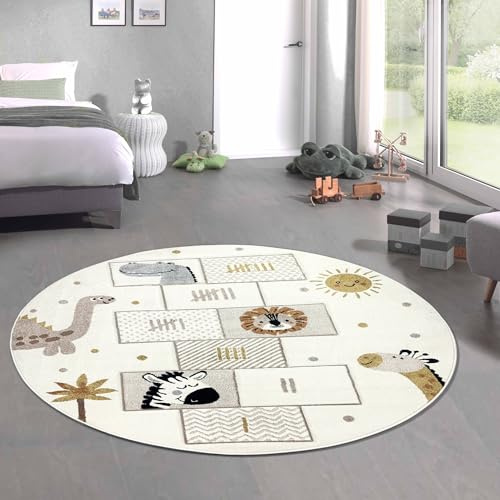 CARPETIA Kinderteppich Kinderzimmer Spielzimmer Schlafzimmer Kurzflorteppich weich pflegeleicht strapazierfähig Hüpfspiel Tiere Löwe Giraffe Palmen Creme 160 cm Rund
