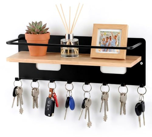 Gelewuld Schlüsselbrett Holz mit Ablage, Dekoratives Schlüsselhalter, Schlüsselablage Wand mit 8 Schlüsselhaken, Schlüsselbrett Holz für für Eingang, Flur, Wohnzimme