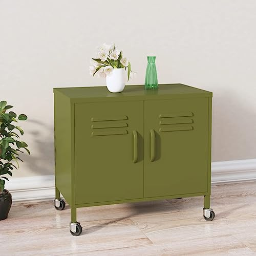 mtlskopl Olivgrüner Stahl Aufbewahrungscontainer 60x35x56 cm mit 4 Rollen Verstellbarer Ablage für Akten Büro Balkon Garten – robuster Rollcontainer für platzsparende Ordnung