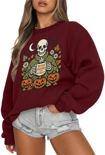 Sudadera de Halloween para mujer, estampado de calabaza, cuello redondo, informal, básico, sin pantalones Nicki, fantasma, calabaza, bate, impresión gráfica, top callejero, O Ladrillo Rojo, XXL