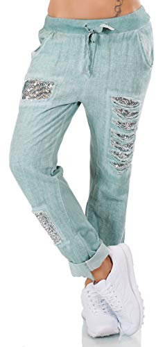 xy Damen Italien Hose Leinen Jogpants Mix Baggy Boyfriend Fetzen Pailletten 36-40 One Size (grün)