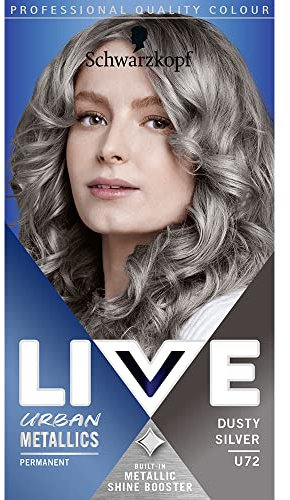 Schwarzkopf LIVE Urban Metallics, Tinte permanente para el cabello plateado polvoriento U72, tinte plateado de larga duración, tinte plateado impregnado con aceite de coco para cabello brillante