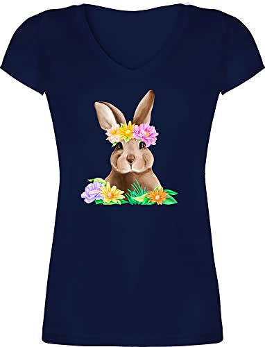 T-Shirt Damen V Ausschnitt - Hase mit Blumenkranz I Osterhase I Oster Hase - XL - Dunkelblau - t-Shirts￼hase osterhasen Bunny Tshirt Ostern t Shirt Hasen Blumen t-Shirts Oster-Tshirt hasenmotiv