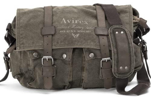 Avirex Bolso de hombro para hombre de viaje o trabajo de estilo militar con acabados de piel auténtica de vacuno y lona para ordenador portátil o portadocumentos o mochila de hombro, Verde Caqui