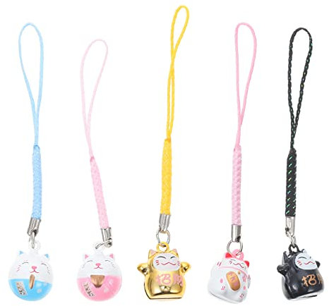 NUOBESTY 5 Stücke Maneki Neko Japanische Maneki Neko Glück Anhänger Böse Vermeidung Symbol Maskottchen Anhänger Telefon Lanyard Schlüsselbund Anhänger Glücklich