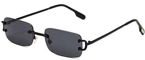 Ggpyyon Vintage Rechteck Randlose Sonnenbrille,Retro Rahmenlose Sonnenbrille für Damen Herren UV400-Schutz(Schwarz/Grau)
