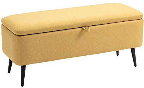 HOMCOM Puff Almacenaje Banco Almacenaje con Tapa Abatible y Patas de Acero Tapizado en Lino para Dormitorio Salón Entrada Carga 150 kg 101x38,5x44,5 cm Amarillo