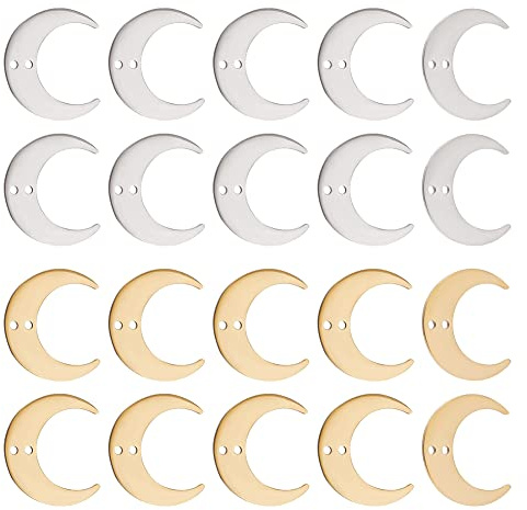 DICOSMETIC 20 Stück 2 Farben Halbmond Charms Edelstahl Mond Charm mit 2 Loch Gold Silber Kleine Glieder Anhänger für DIY Ohrringe Armband Halskette Schmuckherstellung, Bohrung:1.4mm