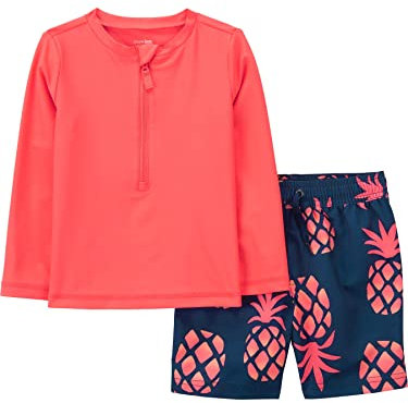 Simple Joys by Carter's Swimsuit Trunk and Rashguard Set Juego de protección de Sarpullido, Azul Marino Piña/Naranja Coral, 18 Meses bebés niños