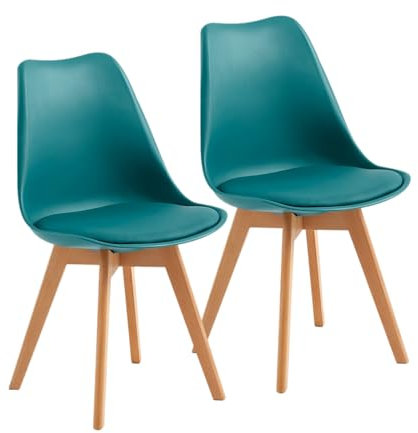 H.J WeDoo 2er Set Küchenstühle Esszimmerstühle Modern Esszimmermöbel, mit Massivholz Buchenholz Bein und Kissen aus PU-Leder, Türkis