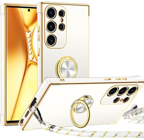 Silverback für Samsung Galaxy S22 Ultra Hülle mit Band, [Miss Arts] Ring Ständer Handyhülle Frauen Mädchen Dünn Stoßfeste Schutzhülle für Samsung Galaxy S22 Ultra Case Weiß