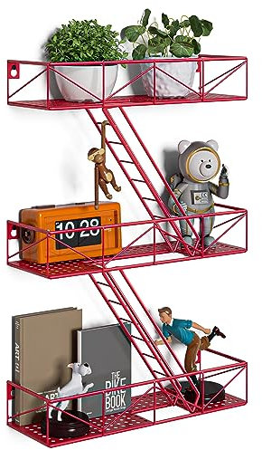Sumbame Fire Escape Wandregal – 3-stöckiges New York Metallleiterregal, Aufbewahrung, rote dekorative Regale, einzigartiges Dekor-Ausstellungsregal für Wohnzimmer, Badezimmer, Arbeitszimmer, flippiges