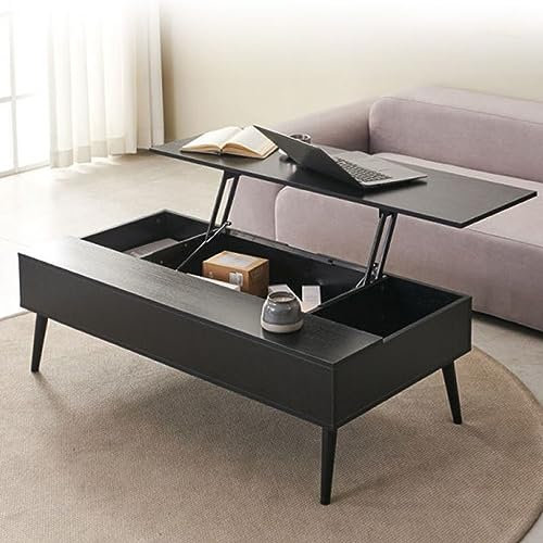 3 in 1 Lift Top Couchtisch, Couchtisch Lässt Sich in Einen Esstisch Umwandeln, Höhenverstellbarer Klapptisch, 4 Metallbeine Moderner Rechteckiger Hochglanz-Wartebereichstisch (Color : Black, Size :