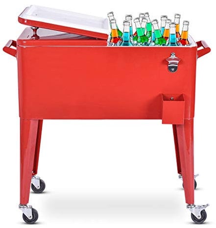 COSTWAY 76L Kühlwagen Beistellwagen, Kühlbox Servierwagen mit Rädern, Kühlbehälter Getränkewagen, rollender Getränkekühler für Outdoor Terrassen Party (Rot)