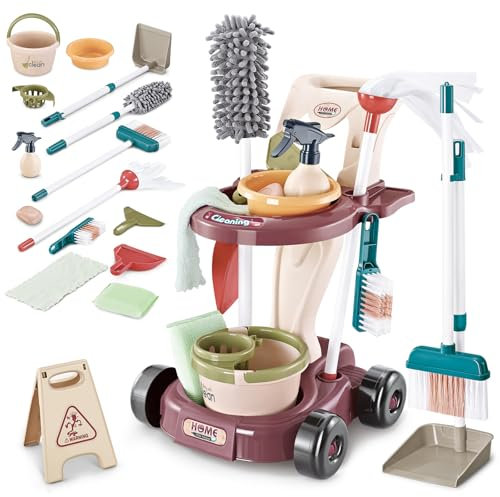 deAO Sarrito de Limpieza de Juguete, Set de Limpieza para niños con Fregona, Cubo, Escoba, Aspirador, Set de Carro de Limpieza, Juguete de Limpieza para niños a Partir de 2 3 años (marrón Rojizo)