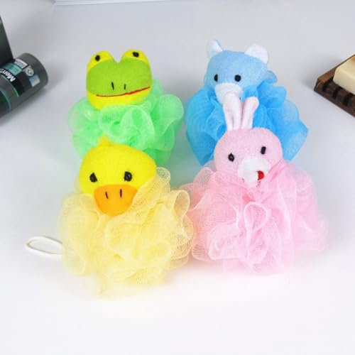 4 Stück Badekugeln Niedlichen mit Frosch Ente Hase Bär,Baby Cartoon Badekugel,Badeschwamm Kinder Geeignet für Kinder Bad Badzubehör (A)