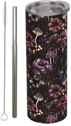 amepay Dark Floral and Mushroom Stainless Steel Insulated Tumbler with Lid - 20oz Gothic Travel Mug, Reusable Metal Straw & Brush, Double-Wall Vacuum Thermos Cup for Hot and Cold Drinks Gifts