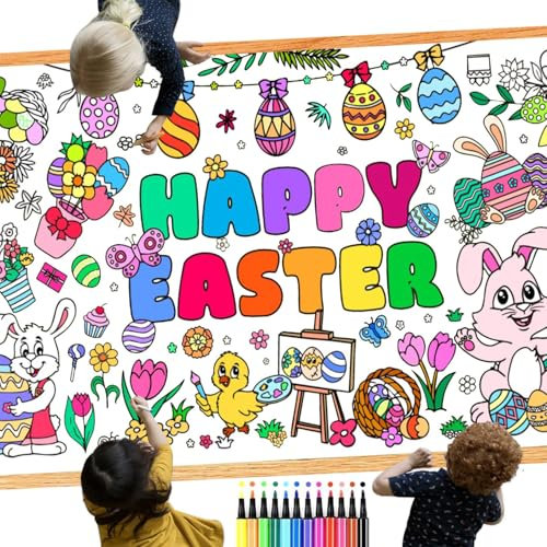 Tischdecke zum Ausmalen Ostern, 76x183cm Ausmaltischdecke Ostern und 12 Pcs Färbung Stifte, Ausmaltischdecke Kinder, Ostergeschenke, Ostern Basteln Deko für Mädchen Kinder Jungen