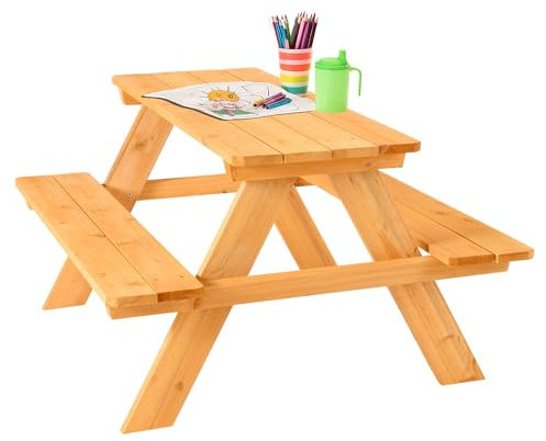FableKids ARNE für 4 Kindersitzgarnitur Picknicktisch Kinder - Massivholz Gartenmöbel für Kinder 2-7 Jahre, Naturholz, Langlebig, Sicher, Nachhaltig, 89 × 79 × 50 cm