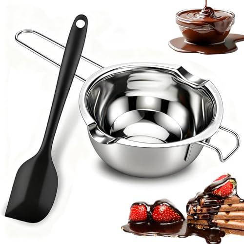 QIMMU Edelstahl Schmelzschüssel,Wasserbad Schmelzschale,Schmelzschale Schokolade,Schmelztopf,400ML Wasserbad Schüssel Mit Silikonlöffel,Ideal Zum Schmelzen Von Schokolade,Butter,KäSe Oder Wachs