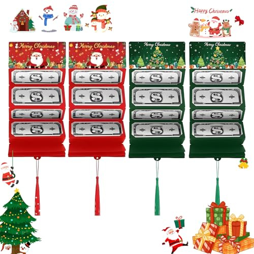 Christmas Money Holders, 4-Pack, Santa And Tree Designs, 4 Slots Each | Fold-Out Pocket Sections, Integrated Hanging Tassels, Organises Cash For Family Celebrations, Friends And Colleagues