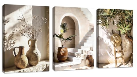 3Pcs Vintage Pflanzen in einer Vase LeinwandBilder mit Rahmen Rustikal Stillleben Botanisch Wandbilder Schwertlilien Leiter Stroh Hut Bild Auf Leinwand Deko für Wohnzimmer Schlafzimmer Küche 40X60cmX3