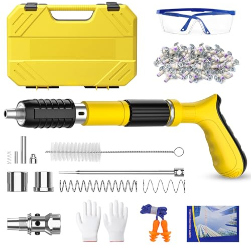 Concrete Nail Gun Kit, Manual Concrete Nail Gun with 100pcs Drive Nails, 5 Adjustable Power Levels, Automatic Slag Discharge, Portable Nail Gun for Brick, and DIY Projects, Safety Equipment Included