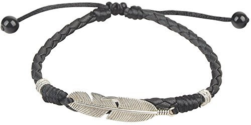 Bracelet cheville femme en cuir tressé noir, ajustable, orné d'une plume en alliage