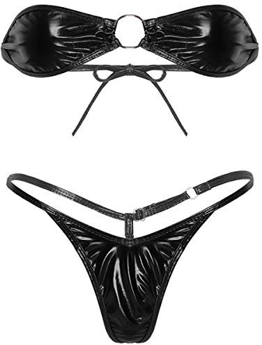 Agoky Damen Bikini Set Wetlook Metallic Glitzer Dessous Trägerlos Bandeau BH Top Zweiteiliger Mankini Rückenfrei Bademode High Cut Thong Bikinihosen Brazilian Schwarz OneSize