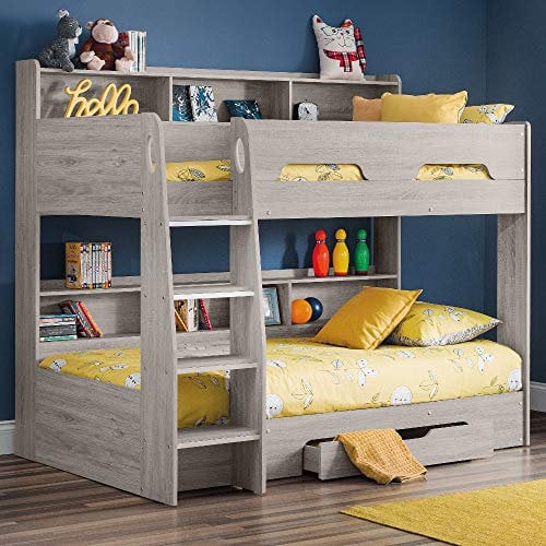 Happy Beds Wooden Bunk Bed with Underbed Storage Drawer, Orion Grey Oak and White Wood Modern Twin Sleeper - 3ft Single (90 x 190 cm) Frame Only