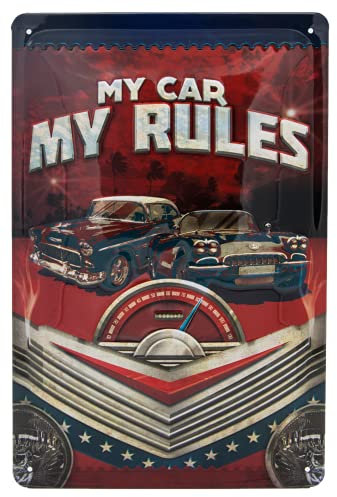 LUCKYLINDE geprägtes Blechschild passend für Werkstatt Fans, Garagen Tankstelle Rallye Auto Oldtimer Schild, Pin Up Girl, 20 x 30 cm (My car, my rules)