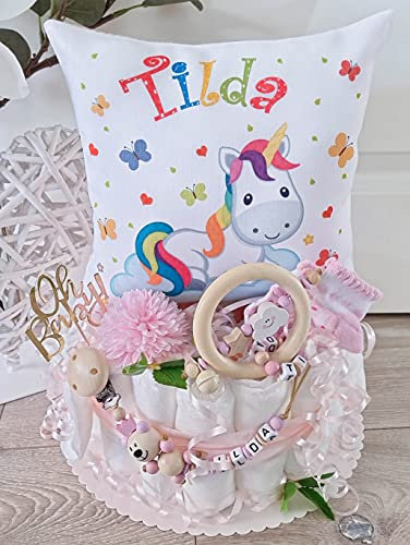 Windeltorte mit Name - Kuschelkissen Einhorn I Schnullerkette & Greifling - Geschenk, Babyparty, Geburt oder Taufe + auf Wunsch, gratis Grußkärtchen
