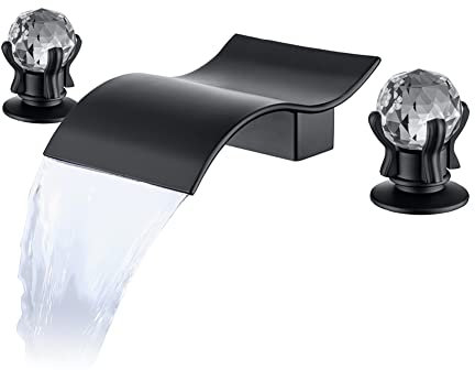 Robinet d'évier de salle de bain noir mat avec deux poignées en cristal, robinet de baignoire large pour montage sur terrasse, robinet de salle de bain à 3 trous pour évier de 20,3 cm avec valve