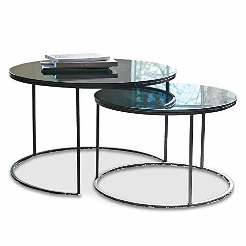 Loberon Couchtisch 2er Set Senafe, Elegantes Gestell, getönte Tischplatten, vielseitig kombinierbar, ineinander schiebbar, Eisen, Glas, schwarz