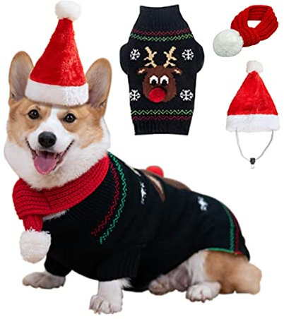 Aurueda Hundepullover Weihnachten Winter Warmer Haustier Weihnachtspullover Elch Strickpullover Hundebekleidung Winterpullover für kleine mittelgroße große Hunde Welpen Schwarz, Größe 2XL