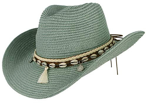 GEMVIE Sombreros de Paja para Mujer Sombrero de Sol Gorra de Playa con Cinta de Concha + UPF50 Ajustable y Empacable Mujer Sombrero de Verano Fedora Trilby (Verde)