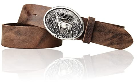 FRONHOFER Trachtengürtel mit Trachtengürtelschnalle Hirsch Motiv in Silber, 17745, Größe:Körperumfang 95 cm/Gesamtlänge 110 cm, Farbe:Vintage-braun