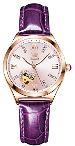 RORIOS Élégante Montre Femme Mécanique Automatique Montre avec Bracelet en Cuir Lumineuses Montre-Bracelet pour Femmes Filles(Rose)