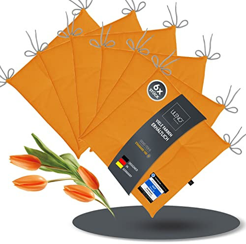 LILENO HOME 6er Set Stuhlkissen Helles Orange (40x40x4,5 cm) - Sitzkissen für Gartenstuhl, Küche oder Esszimmerstuhl - UV-beständige Indoor u. Outdoor Stuhlauflage als Stuhl Kissen (Laura FUM)
