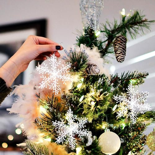 Schneeflocken Deko Weiß,Jusduit 60 Stück Schneeflocken Weihnachten Deko Glitzer Schneeflocken Weihnachtsbaumschmuck Weiß Schneeflocken Hängend Anhänger für Weihnachten Dekoration